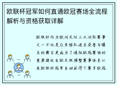 欧联杯冠军如何直通欧冠赛场全流程解析与资格获取详解