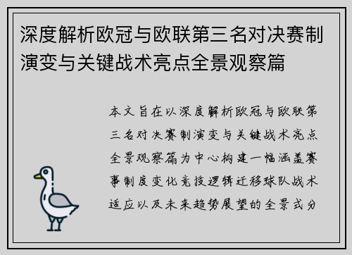 深度解析欧冠与欧联第三名对决赛制演变与关键战术亮点全景观察篇
